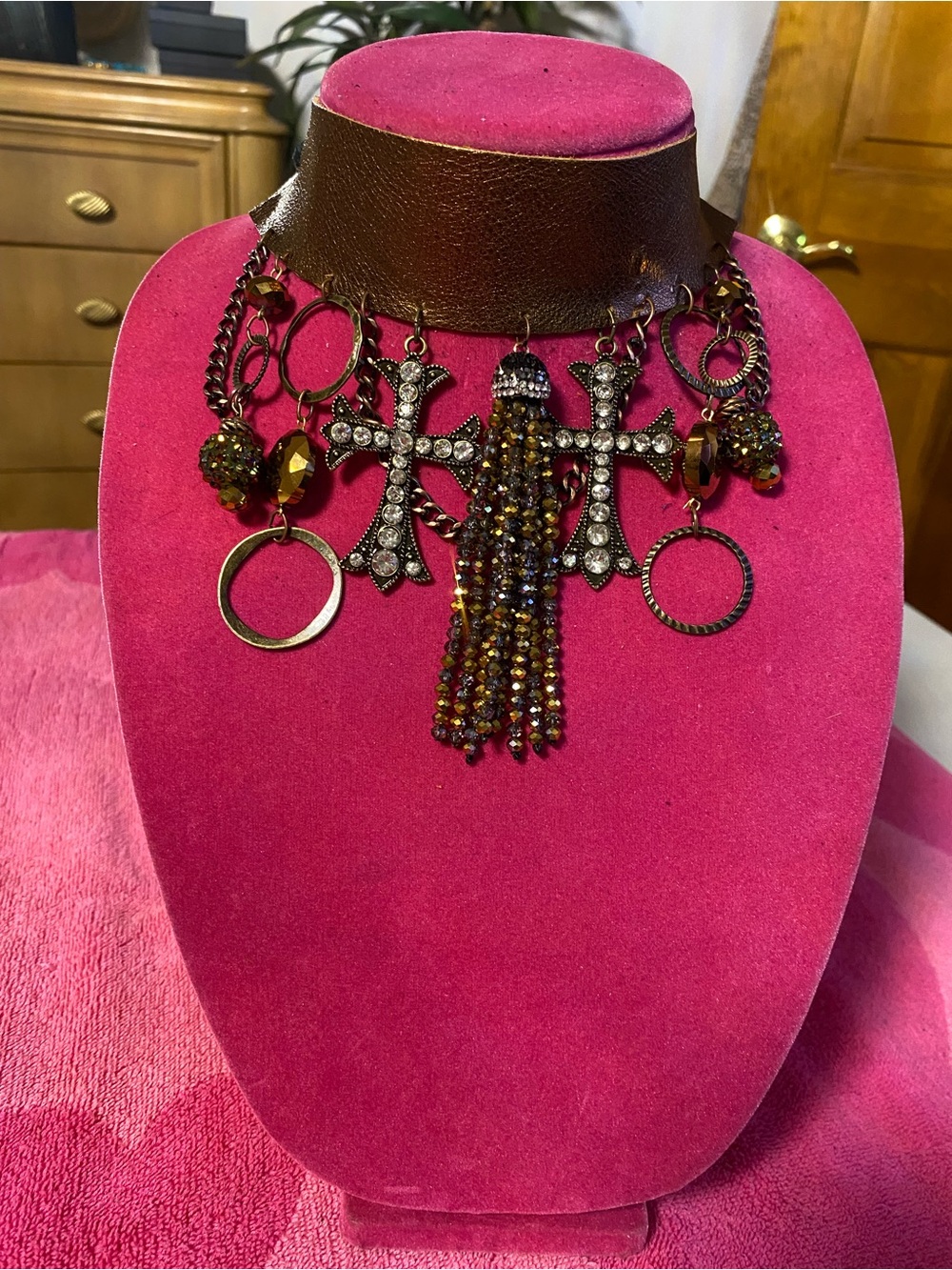 Crystal Cross and Tassel Statement Necklace - Brown - Picture 1 of 1